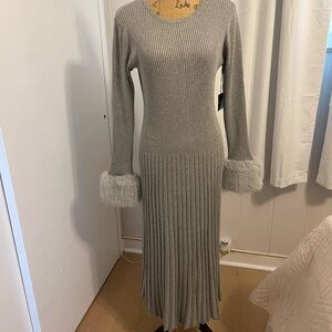 Saks Fifth Avenue Light Gray Ribbed Maxi Dress with Faux Fur Cuffs
